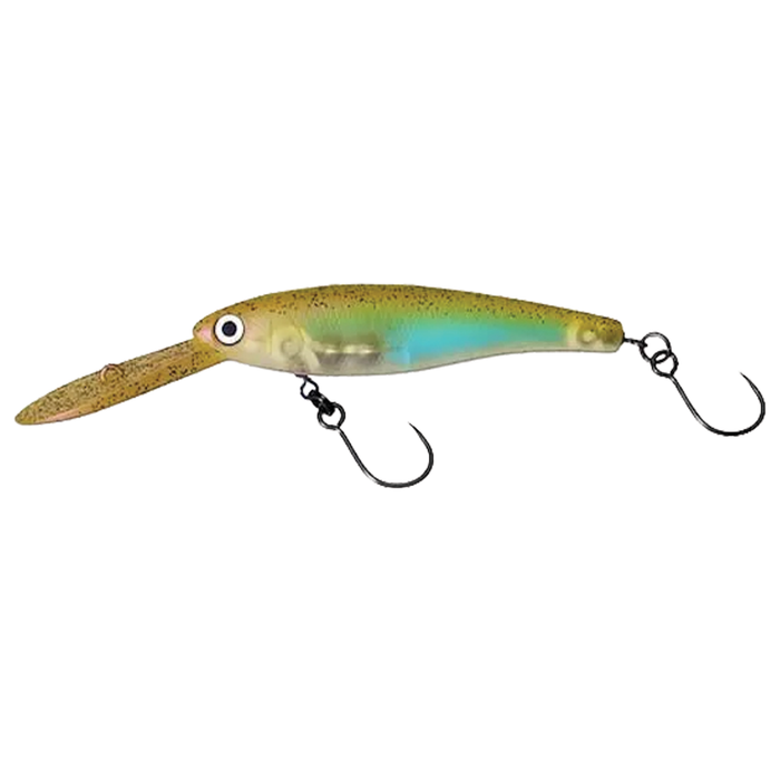HMKL Shad 55 SS Area Ver. fishing lure with a slender, minnow-shaped body in green, blue, and beige tones, featuring two sharp hooks and a textured lip for realistic swimming action.