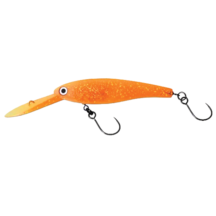 HMKL Shad 55 SS Area Ver. is an orange fishing lure with two sharp hooks, featuring a curved lip for diving action, designed for freshwater fishing and musky tackle.