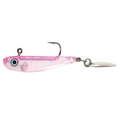 HMKL Spin Fry 30 fishing lure in translucent pink with a single hook and a small metal spinner blade attached for enhanced movement and attraction in water.