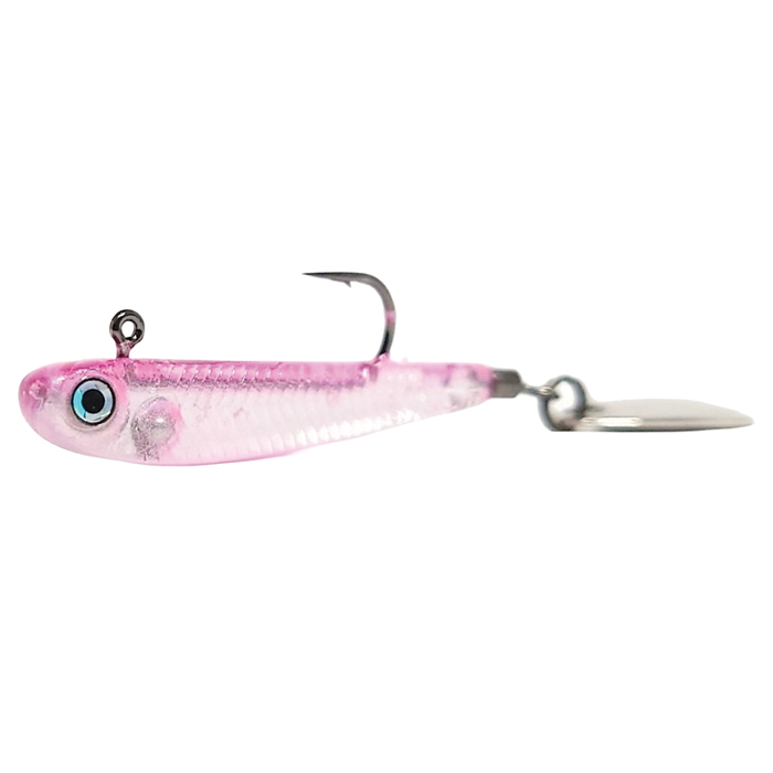 HMKL Spin Fry 30 fishing lure in translucent pink with a single hook and a small metal spinner blade attached for enhanced movement and attraction in water.