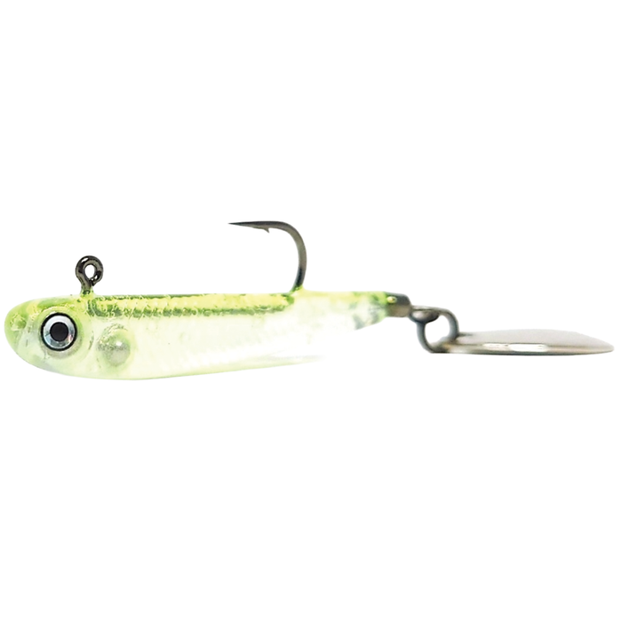 HMKL Spin Fry 30 fishing lure designed with a lifelike green and translucent body, single sharp hook, and a metal spinner blade for enhanced attraction in fishing tackle.