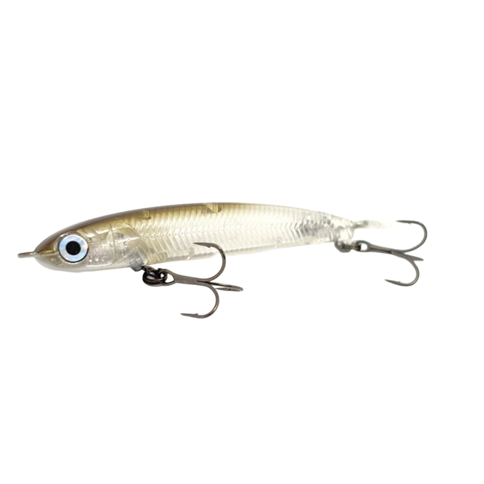 HMKL Super Jordan 53 fishing lure in translucent gold and silver with realistic eye detail and two sharp treble hooks, designed for effective fishing tackle use.