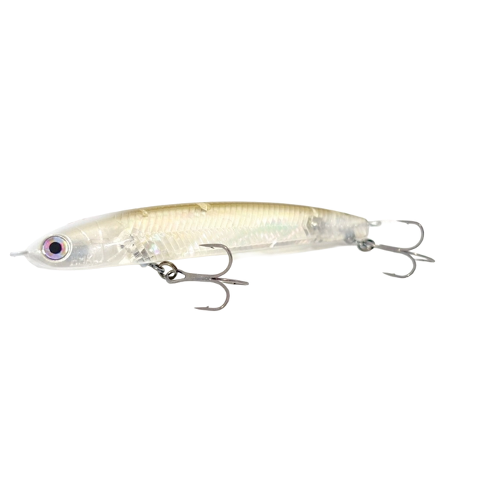 HMKL Super Jordan 68 fishing lure with a translucent, pearlescent body and two treble hooks, ideal for musky fishing and precision tackle use.