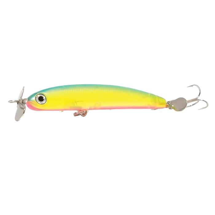 HMKL W Prop 65 fishing lure with a bright yellow and green body, silver propeller on the front, and a treble hook at the rear, designed for effective fishing tackle use.