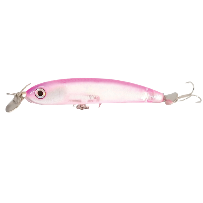 HMKL W Prop 65 pink and translucent fishing lure with metal propeller blades on front and rear, featuring realistic eye and two treble hooks for fishing tackle use.