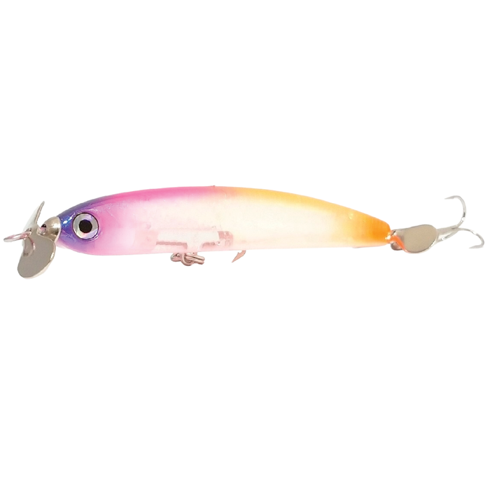 HMKL W Prop 65 fishing lure with a slender body featuring a gradient color from purple to orange, equipped with metal propellers and treble hooks for effective fishing tackle use.
