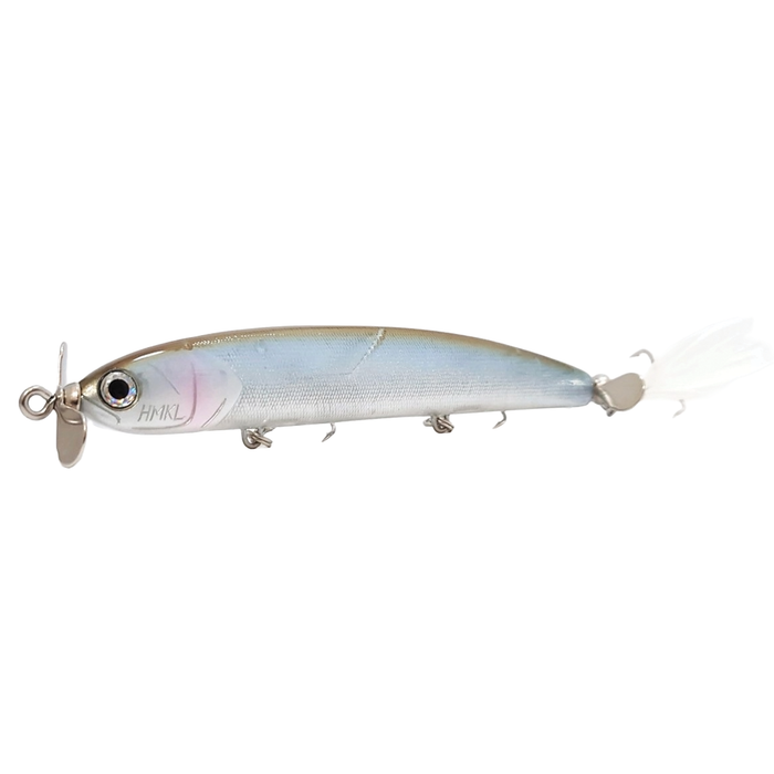 HMKL W Prop Hime Move fishing lure in silver blue with a small front propeller and feathered treble hooks designed for musky fishing tackle.