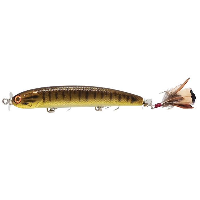 HMKL W Prop Hime Move fishing lure with realistic fish pattern, built-in propeller, and feathered tail designed for attracting musky and other game fish.