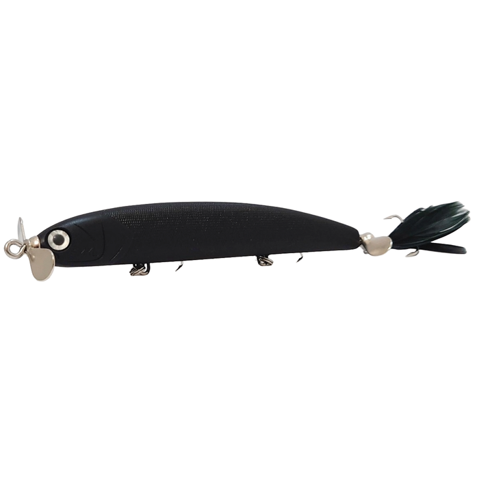 HMKL W Prop Hime Move fishing lure in black with multiple treble hooks, metal propeller on the front, and feathered tail designed for musky fishing tackle.
