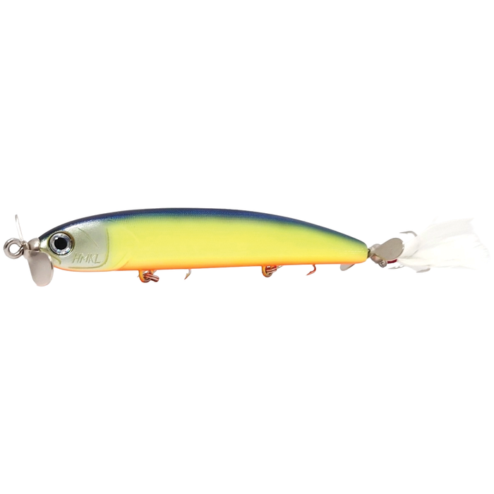 HMKL W Prop Hime Move fishing lure in blue, yellow, and orange with metallic propellers on the front and rear, featuring treble hooks and a feathered tail for musky fishing.
