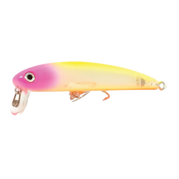 HMKL Wake Jordan 75 fishing lure in a gradient pink, yellow, and cream color with a clear lip and two treble hooks, designed for effective fishing tackle use.