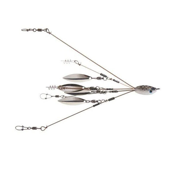Hog Farmer Bait Company BFL Micro Umbrella Rigs featuring a compact musky fishing rig with multiple metal blades and swivels attached to a fish-shaped weighted head designed for effective fishing tackle use.