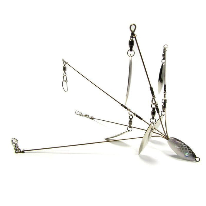 Hog Farmer Bait Company BFL Umbrella Rig featuring multiple angled wire arms with spinner blades and swivels designed for fishing tackle applications.