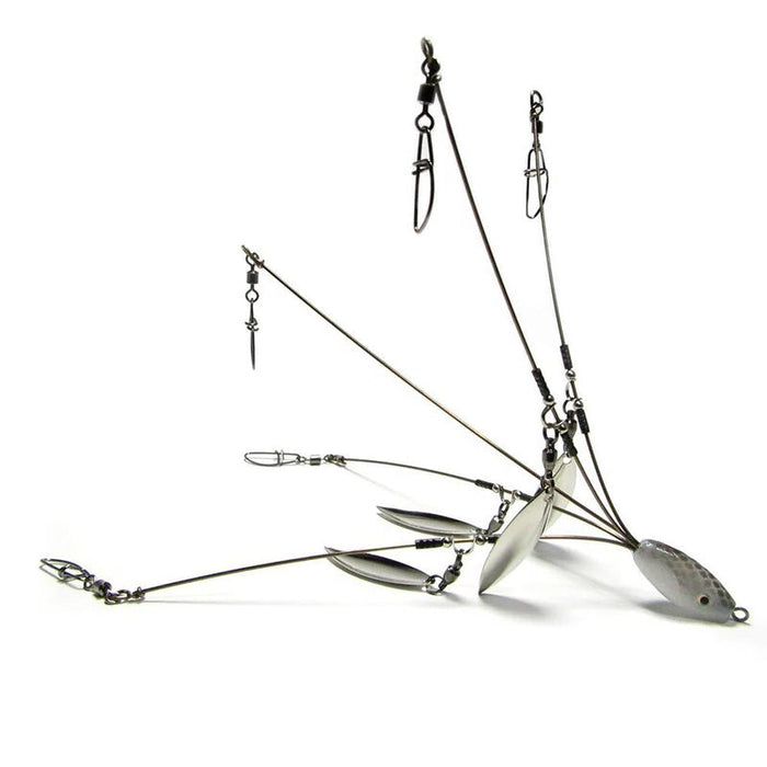 Hog Farmer Bait Company Mini Umbrella Rigs displayed against white background, featuring multiple wire arms with silver blade spinners and swivels designed for fishing tackle use.