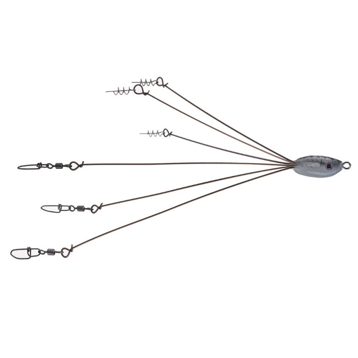 Hog Farmer Bait Company Mini Umbrella Rigs featuring a silver oval weight with multiple wire arms each ending in swivels and clips for attaching fishing lures or tackle.