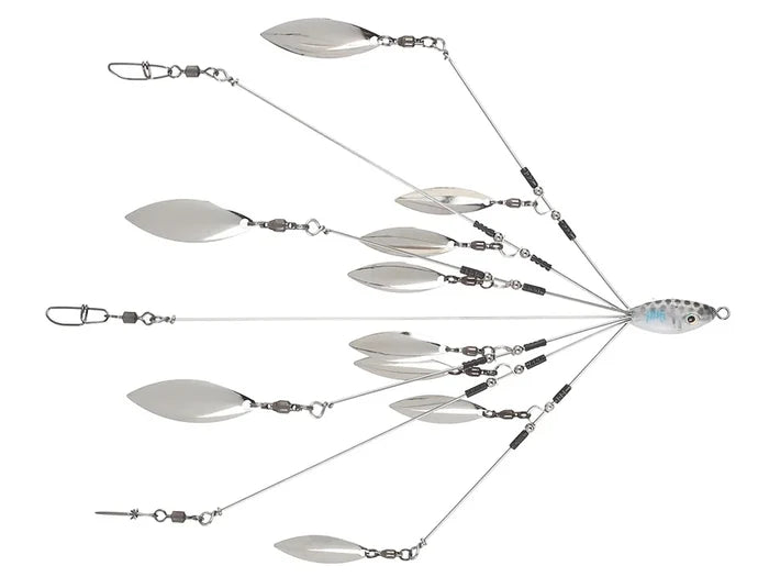 Hog Farmer Bait Company Mop Rig featuring multiple silver spinner blades attached to wire arms radiating from a small fish-shaped weighted head for fishing tackle use.