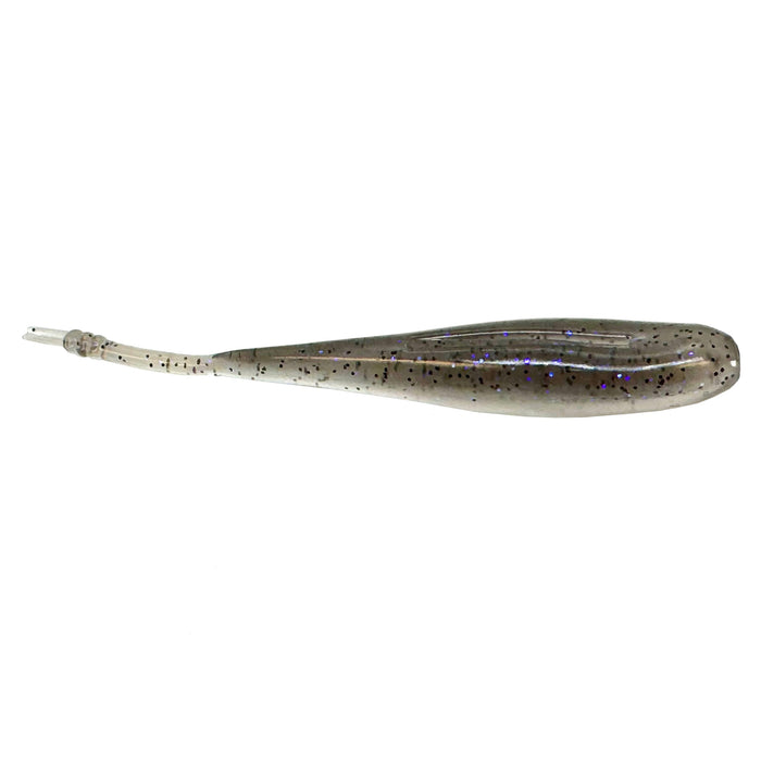 Hog Farmer Bait Company Stroll Shad soft plastic fishing lure in translucent gray with black and blue specks, designed for musky and ice fishing tackle.