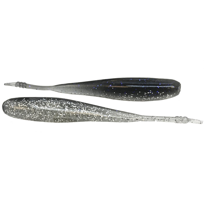 Two slender, soft plastic fishing lures in dark gray and translucent silver with reflective glitter, designed as Hog Farmer Bait Company Stroll Shad for fishing tackle use.