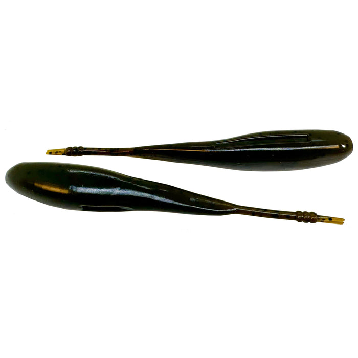 Two dark green Hog Farmer Bait Company Stroll Shad fishing lures with elongated, streamlined bodies and subtle detailing designed for musky and ice fishing tackle.