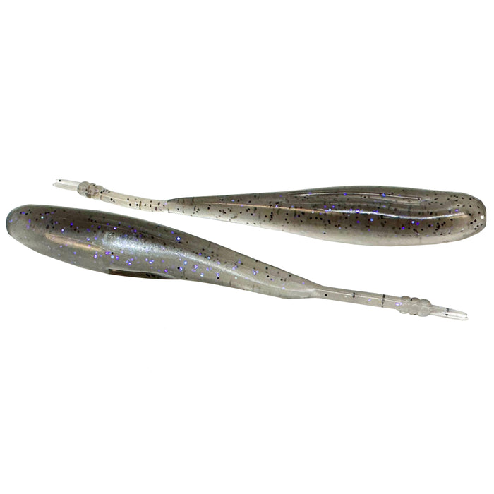 Two soft plastic fishing lures in translucent gray with blue and black specks, designed for musky fishing, identified as Hog Farmer Bait Company Stroll Shad.