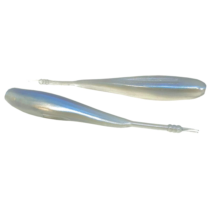 Two pearlescent blue and silver soft fishing lures with slender, tapered bodies and small appendages, identified as Hog Farmer Bait Company Stroll Shad.