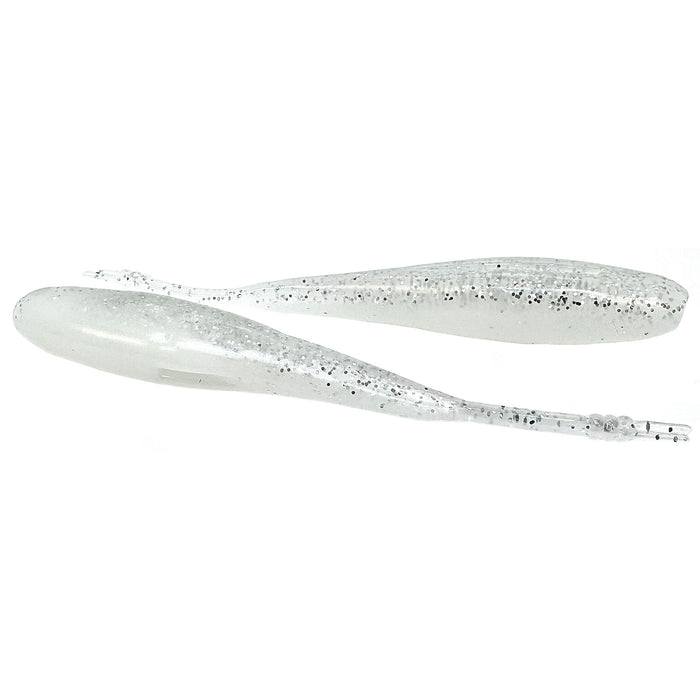 Two translucent fishing lures with silver glitter flecks, designed to mimic small baitfish, identified as Hog Farmer Bait Company Stroll Shad, shown on a white background.
