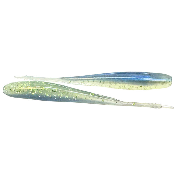 Two soft plastic fishing lures in translucent blue and green hues with glitter accents, designed for freshwater fishing, identified as Hog Farmer Bait Company Stroll Shad.