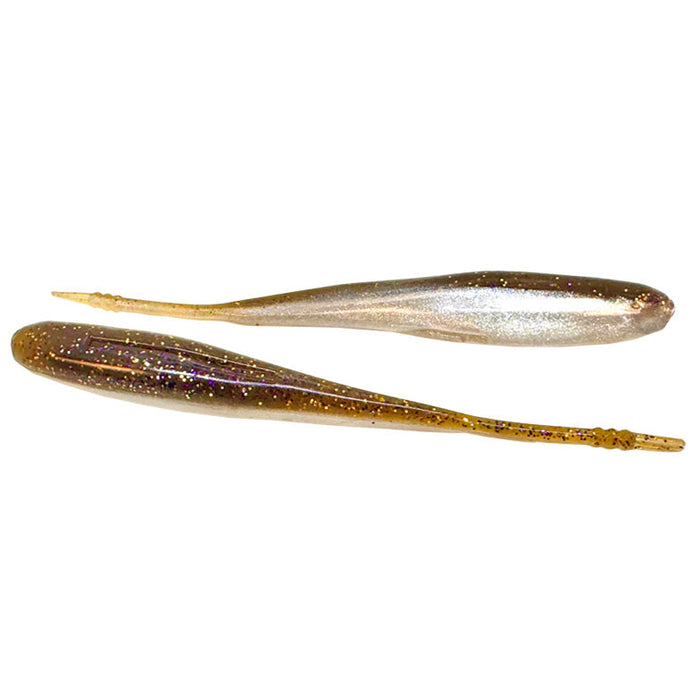 Two soft plastic fishing lures in brown and gold tones with glitter, designed for musky fishing, labeled Hog Farmer Bait Company Stroll Shad.