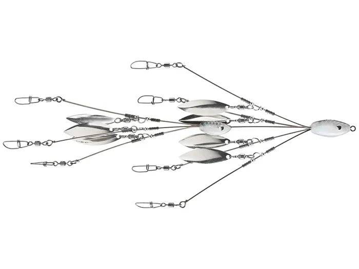 Hog Farmer Harvester Rig fishing lure featuring multiple silver spinner blades attached to a weighted head, designed for musky fishing with durable wire arms and swivels.