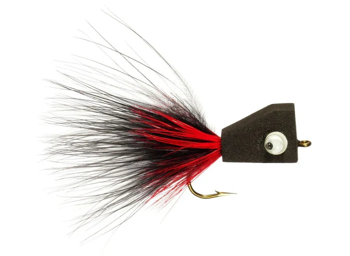 Holschlag's Blockhead Popper #2 fishing lure with a black foam head, a realistic eye, red and black feathered tail, and sharp gold hook designed for musky fishing tackle.