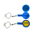 Two blue Hook-Eze Fishing Knot Tying Tools, one open showing internal features and one closed with a yellow and red logo, each attached to a metal retractable keyring.