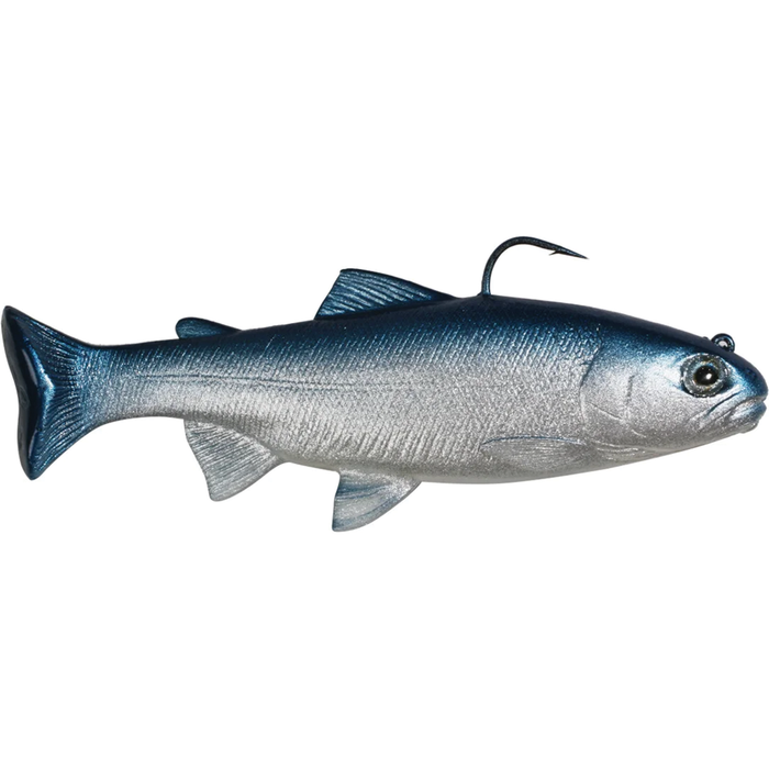 Huddleston Deluxe 6" Trout Swimbait featuring a realistic blue and silver fish design with a sharp hook, ideal for fishing tackle in musky and trout fishing.