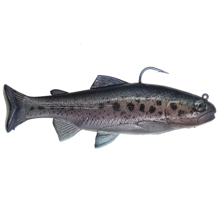 Huddleston Deluxe 6" Trout Swimbait featuring realistic trout coloring with detailed fins and a sharp fishing hook, designed for effective fishing tackle use.