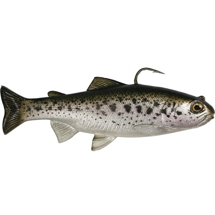 Huddleston Deluxe 6" Trout Swimbait designed to mimic a real trout with lifelike color, detailed fins, and a sharp single hook, ideal for fishing tackle enthusiasts seeking effective lures.