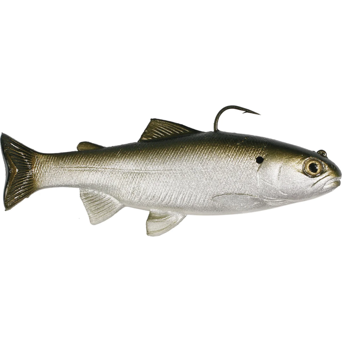 Huddleston Deluxe 6" Trout Swimbait designed to mimic a small fish with realistic colors and a single hook for effective fishing lure use in freshwater environments.