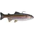 Huddleston Deluxe 8" Trout Swimbait fishing lure designed to mimic a trout, featuring realistic coloring, detailed fins, and a single hook for effective fishing tackle use.