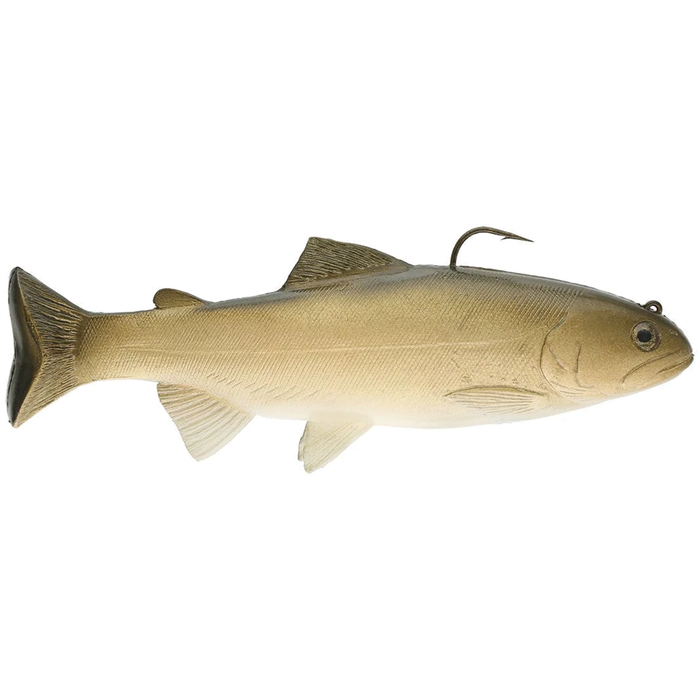 Huddleston Deluxe 8" Trout Swimbait fishing lure with realistic textured body, soft tail, and a single hook designed for effective freshwater fishing tackle.