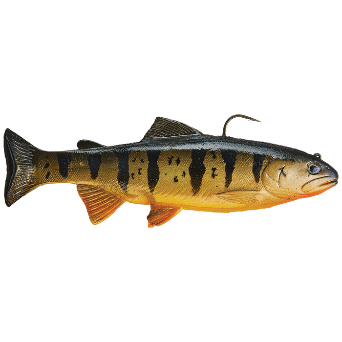 Huddleston Deluxe 8" Trout Swimbait in realistic fish design with orange and brown tones, detailed fins, and an integrated fishing hook for effective fishing tackle use.