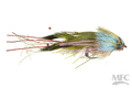Hughes' Fleein' Cray fly fishing lure with detailed feathers and fibers in natural and blue tones, designed for musky fishing tackle.