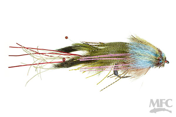 Hughes' Fleein' Cray fly fishing lure with detailed feathers and fibers in natural and blue tones, designed for musky fishing tackle.
