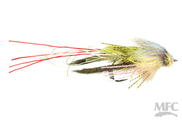 Hughes' Mini Fleein' Cray fishing lure featuring detailed, multicolored fibers and synthetic materials designed for musky and fly fishing tackle.