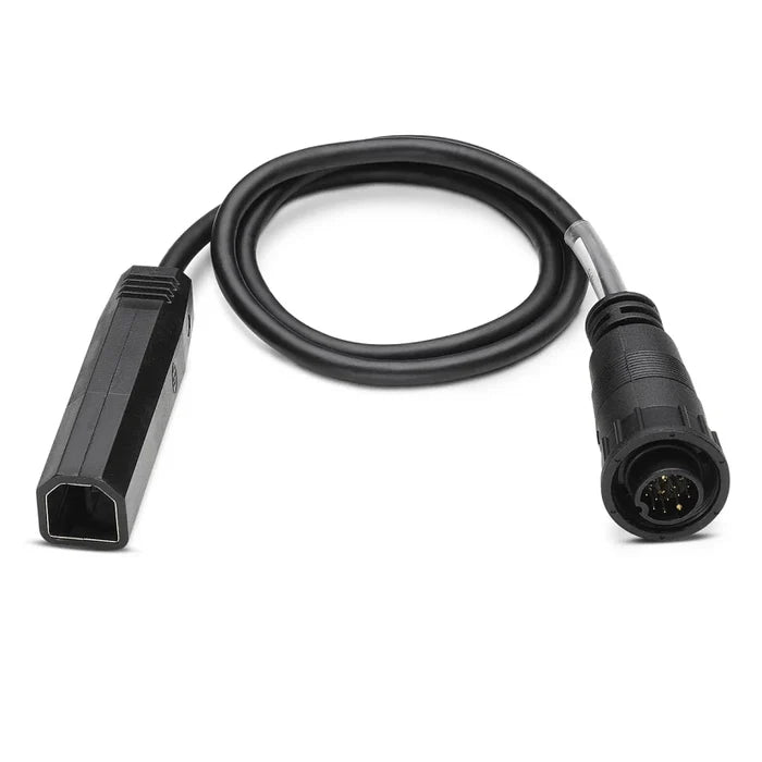 Humminbird AD 1429 Adaptor Cable PN:760030-1 is a black connector cable with a multi-pin round plug on one end and a rectangular socket on the other, designed for marine electronics and fishing tackle connections.