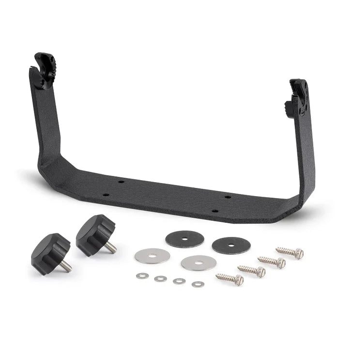 Humminbird Gimbal Mount - XPLORE 12 PN:740235-1 shown with black textured metal bracket, mounting screws, washers, and two black knob fasteners for secure installation on marine electronics.
