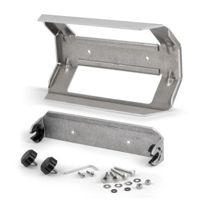 Humminbird In-Dash Mounting Kit - XPLORE PN: 740236-1 featuring metal mounting bracket, screws, washers, and plastic knobs designed for secure installation of marine electronics in vehicles or boats.