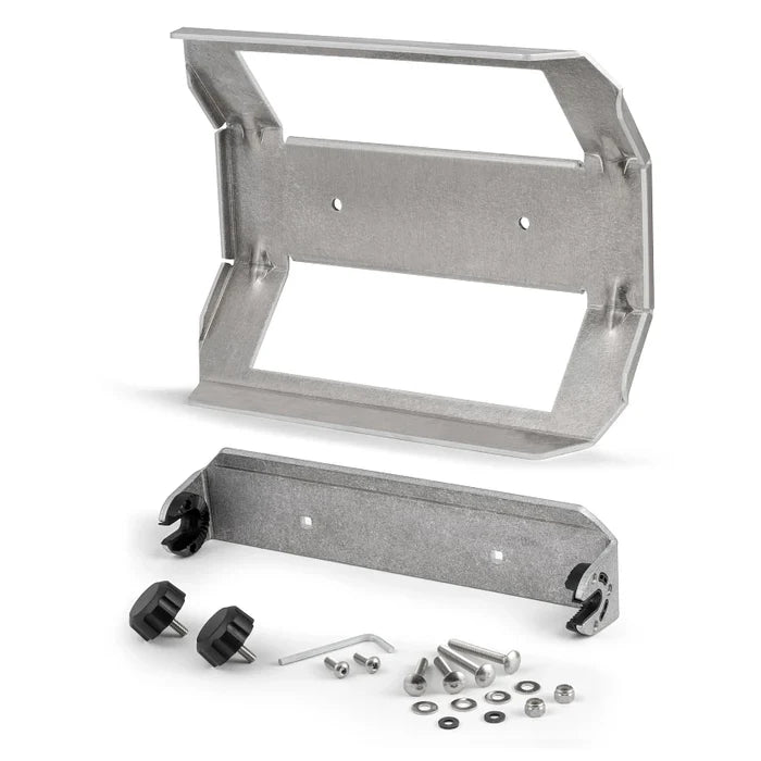 Humminbird In-Dash Mounting Kit - XPLORE X10 PN: 740237-1, featuring a metal mounting bracket, fastening panel, screws, washers, knobs, and an Allen wrench for secure installation of marine electronics.