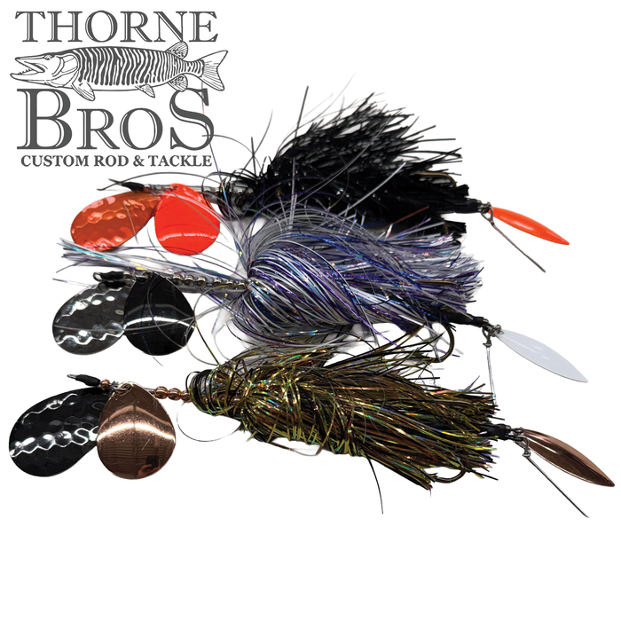 Three detailed fishing lures with shimmering skirts and multiple spinning blades, labeled Hunsy Tails 7/8 Banger, designed for musky fishing displayed on a white background.