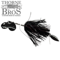 Hunsy Tails 7/8 Banger fishing lure with shiny black skirt, two hammered silver spinner blades, and a weighted silver bullet-shaped head, designed for musky fishing.