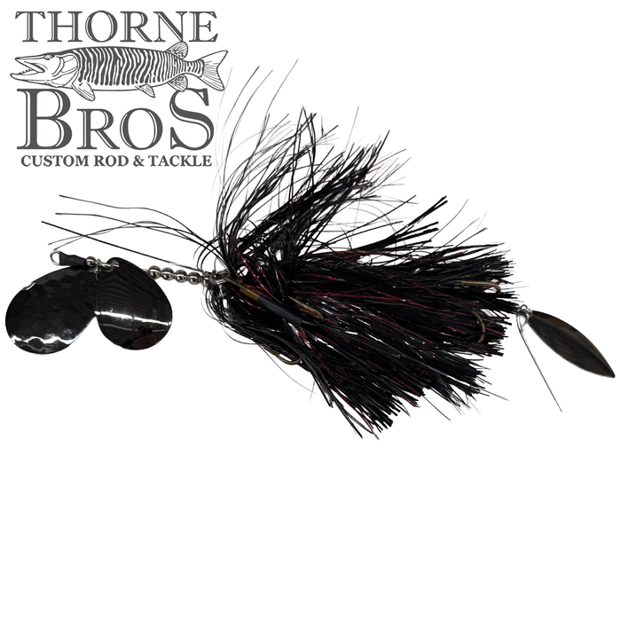 Hunsy Tails 7/8 XL Banger fishing lure with black and dark red skirt, featuring double hammered spinner blades for attracting musky and other species.