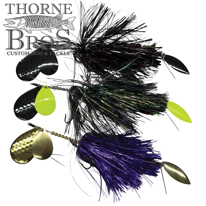 Three Hunsy Tails 8/10 Banger fishing lures with black, green, and purple skirts, featuring shiny metal spinner blades for musky fishing tackle by Thorne Bros.