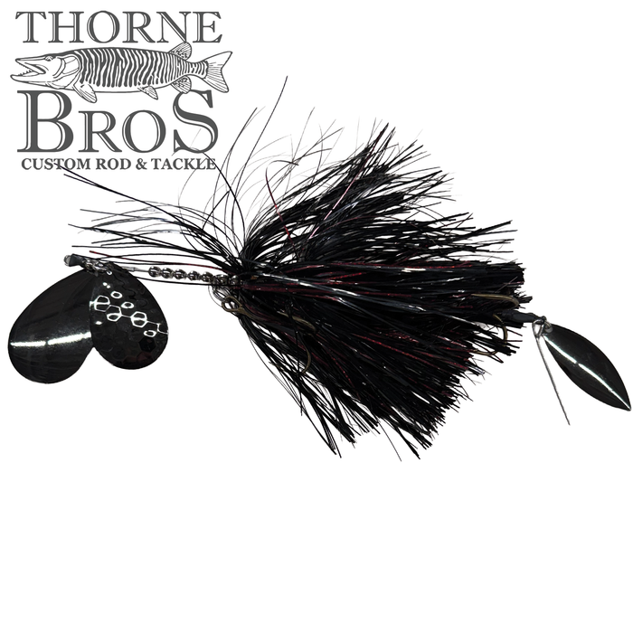 Hunsy Tails 8/9 Banger fishing lure with black and red feathered skirt, dual shiny metallic spinner blades, designed for musky fishing tackle by Thorne Bros.